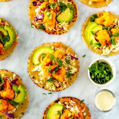 Several buffalo cauliflower tacos