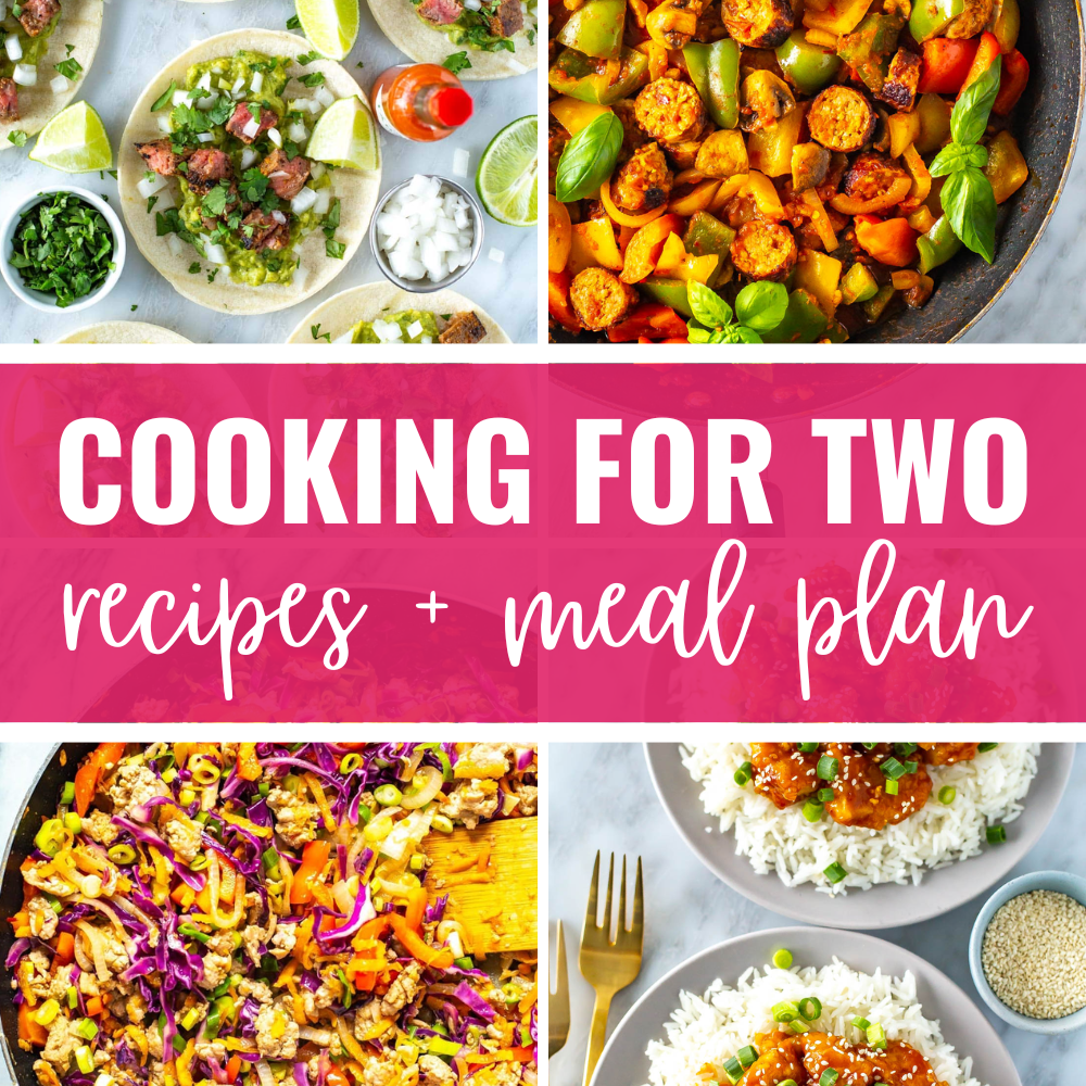 4 dinners collage with title banner "cooking for two recipes + meal plan"