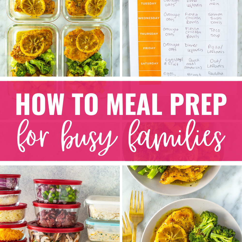 Collage of a meal, meal prep, meal planner and ingredients prep with title banner "how to meal prep for busy families"